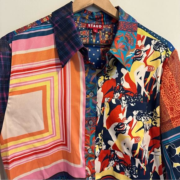 Staud Blue Red Artsy Patchwork Long Sleeve Button Front Top Blouse Medium - Picture 10 of 16